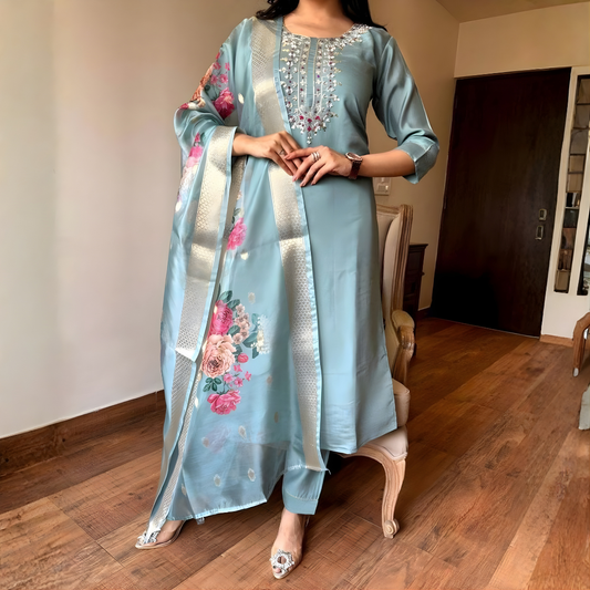 Magic Cotton Kurta Set with Detailed Embroidery and Digital Floral Chanderi Dupatta