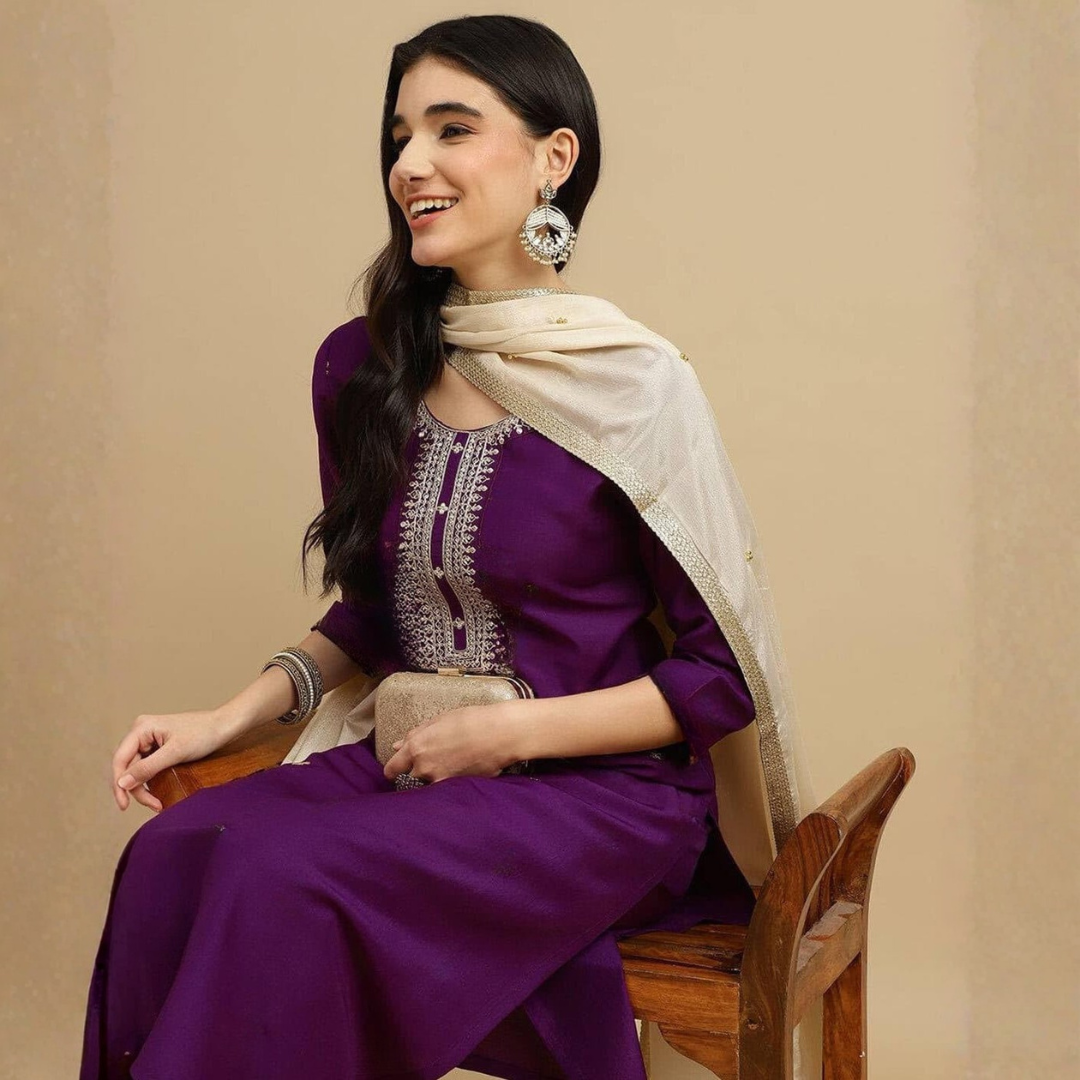 Purple Embroidered Rayon Slub Straight Kurta Pant Dupatta Set
