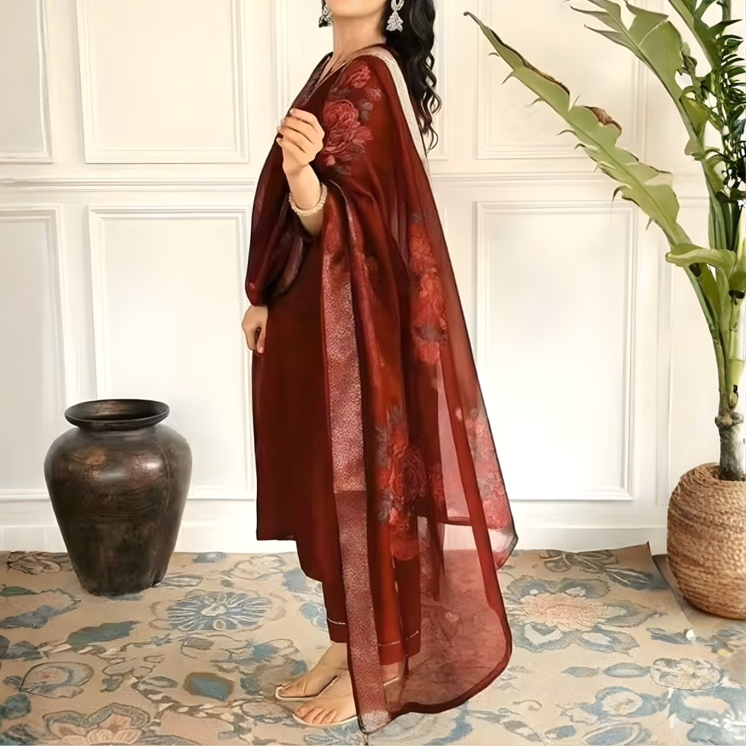 Women Maroon Color Floral Embroidered Regular Thread Work Kurta with Trousers & With Dupatta