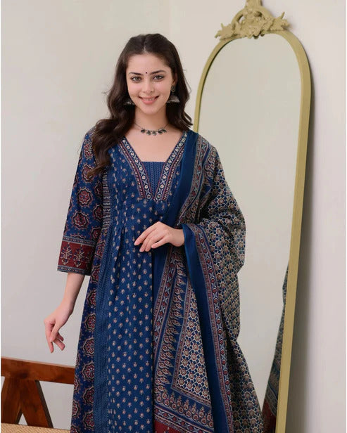 Blue Colour Ethnic Set Women Printed Anarkali Kurta and Pant with Dupatta