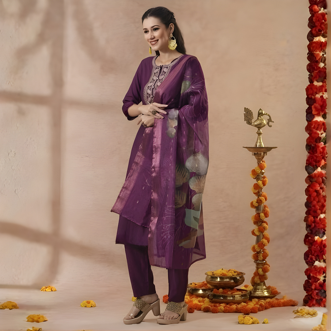 Wine Purple Magic Cotton Embroidered Kurta Set with Chanderi Dupatta