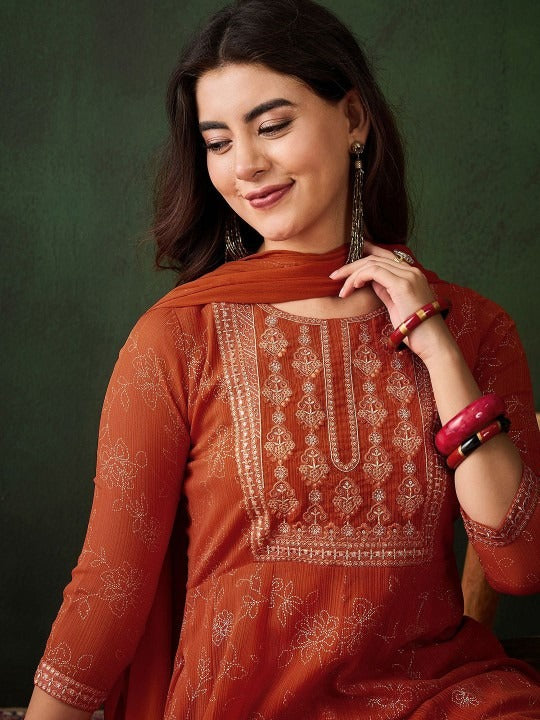 Orange Georgette Women's Kurta, Pant with Dupatta Set