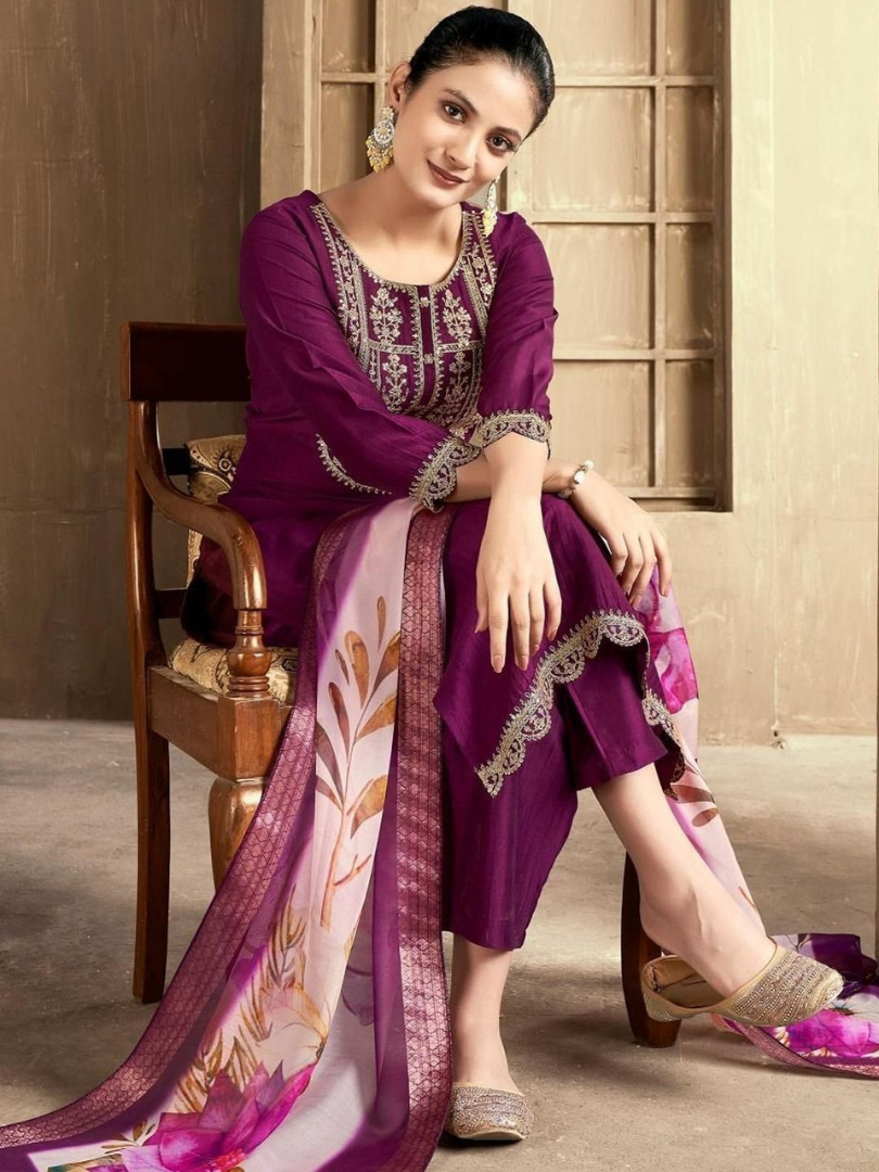 Women's Purple Color Rayon Slub Embroidered Kurta Pant With Dupatta