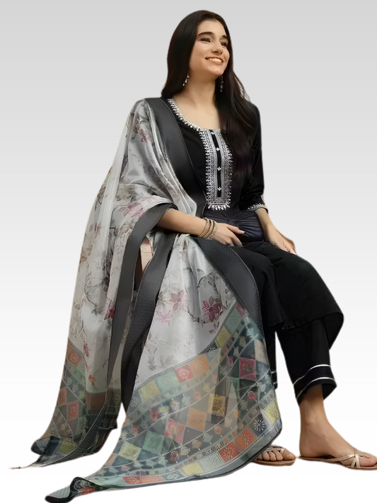 Black Color Magic Cotton Kurta Set with Dupatta for Women