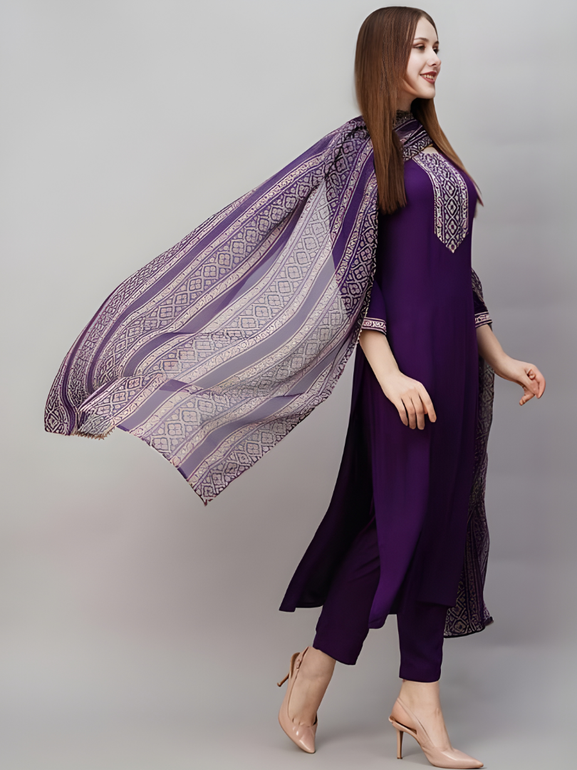 Purple Reyon Slub Regular Fit Kurta, Pant and Dupatta Set
