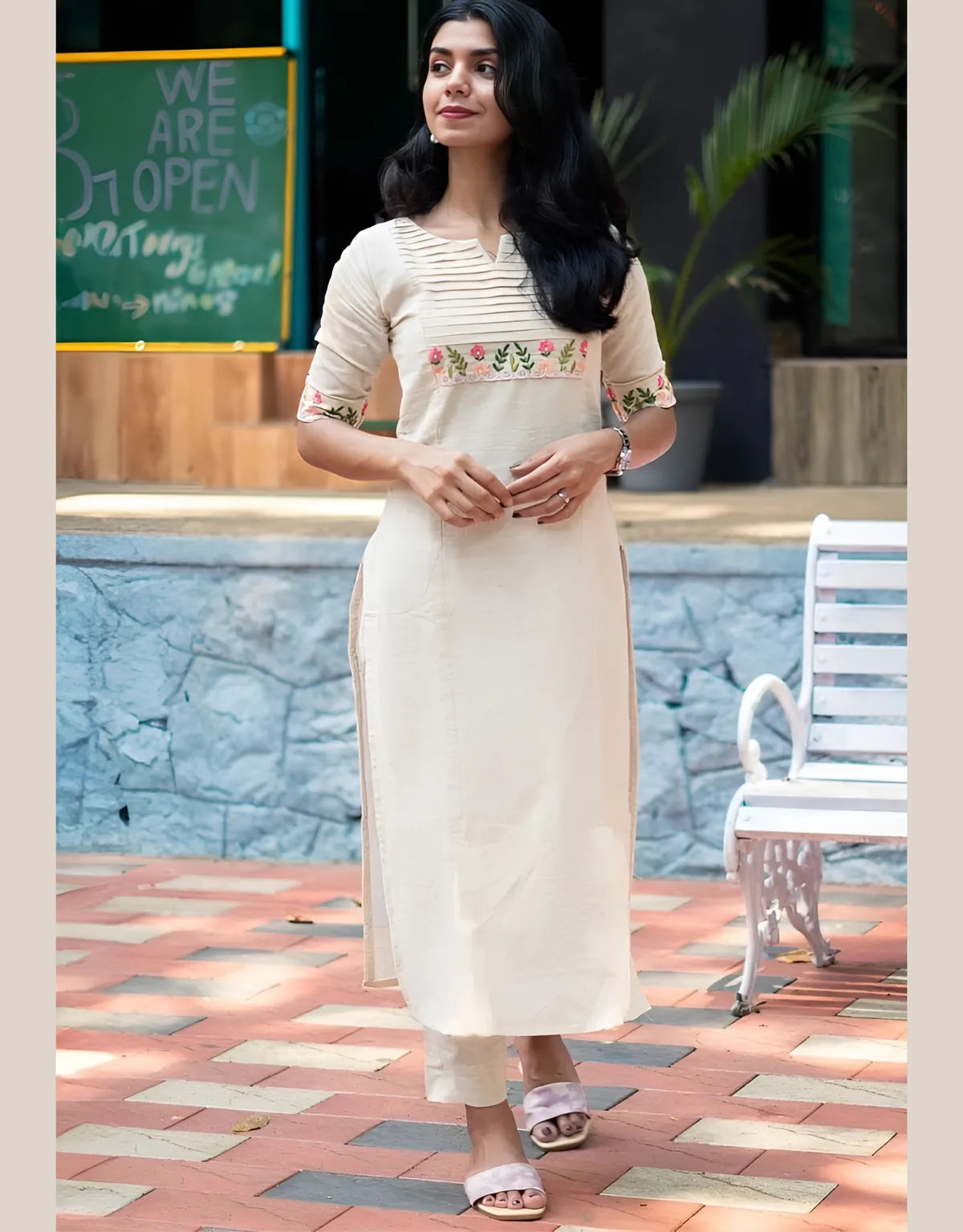 Off White Embroidered Cotton Kurta and Pant Set