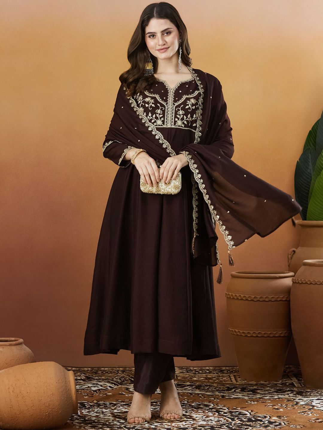 Coffee Embroidered Silk Anarkali kurta with Dupatta Set