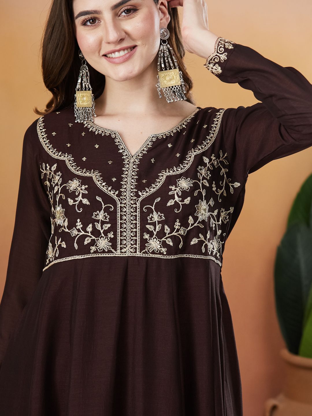 Coffee Embroidered Silk Anarkali kurta with Dupatta Set