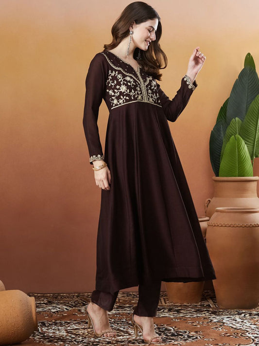 Coffee Embroidered Silk Anarkali kurta with Dupatta Set