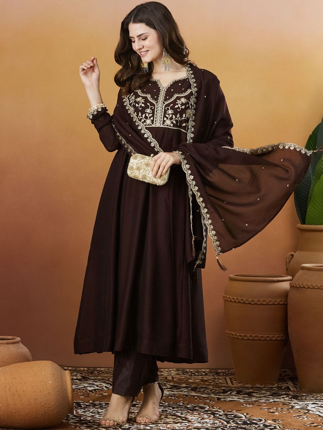 Coffee Embroidered Silk Anarkali kurta with Dupatta Set