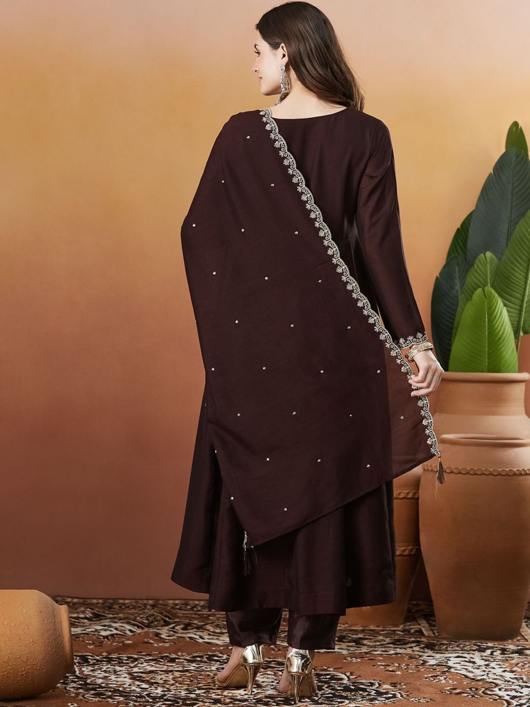 Coffee Embroidered Silk Anarkali kurta with Dupatta Set