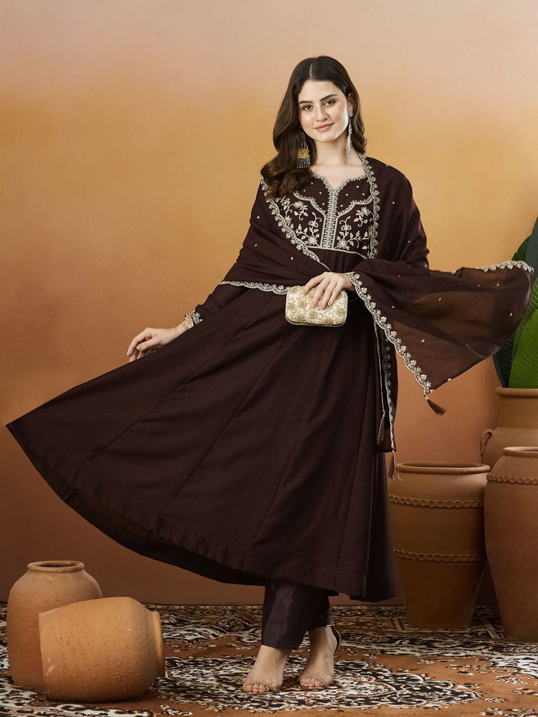 Coffee Embroidered Silk Anarkali kurta with Dupatta Set