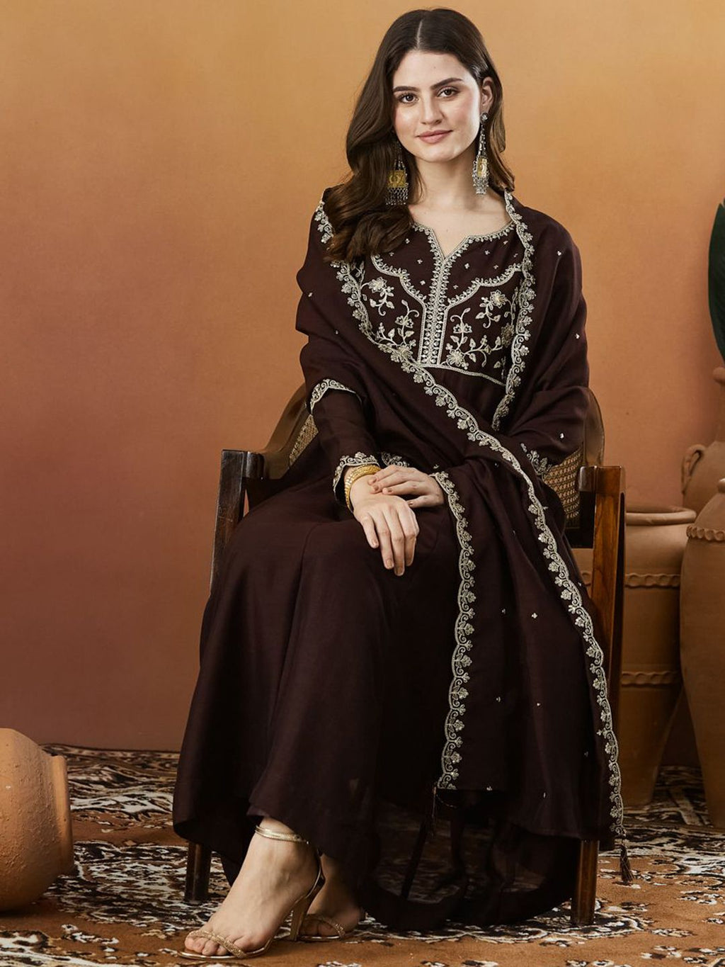 Coffee Embroidered Silk Anarkali kurta with Dupatta Set