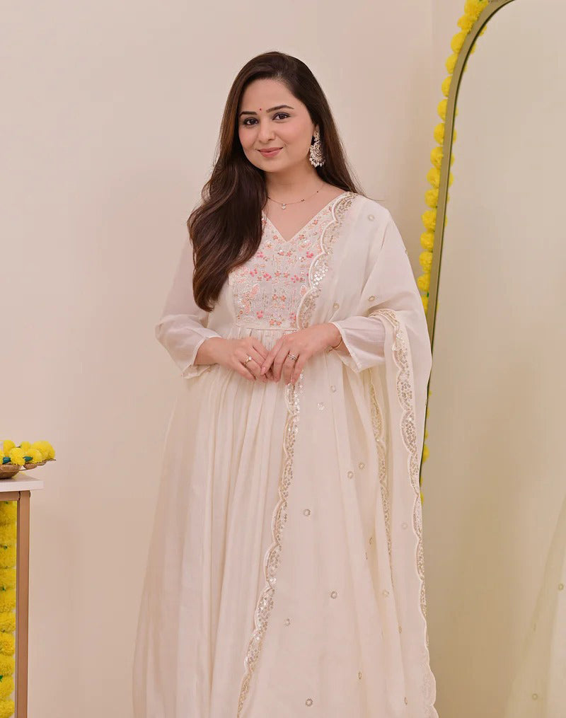 Persian White Noor Handwork Mul Chanderi A Line Suit