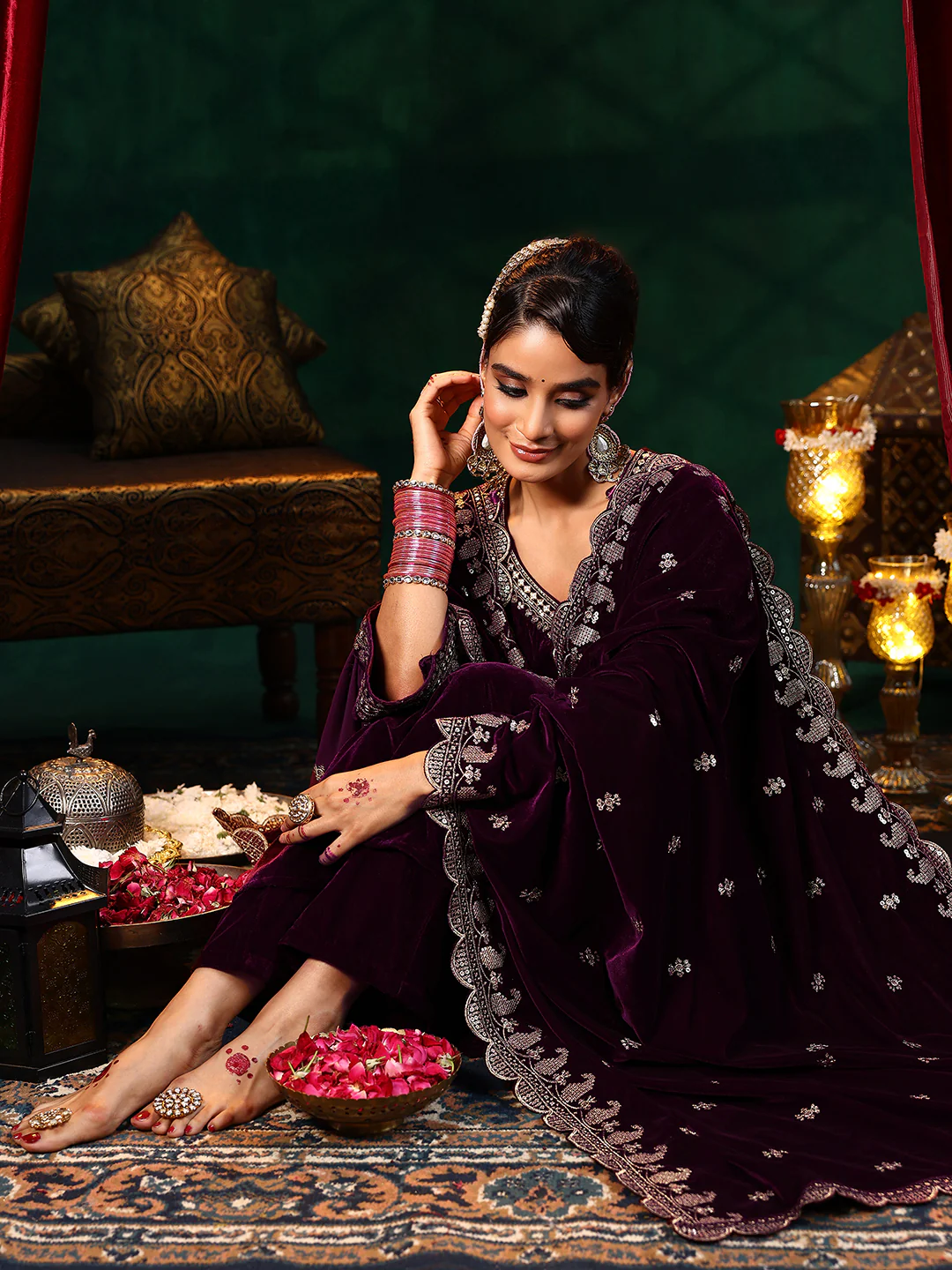 Burgundy Yoke Design Velvet Straight Suit With Dupatta