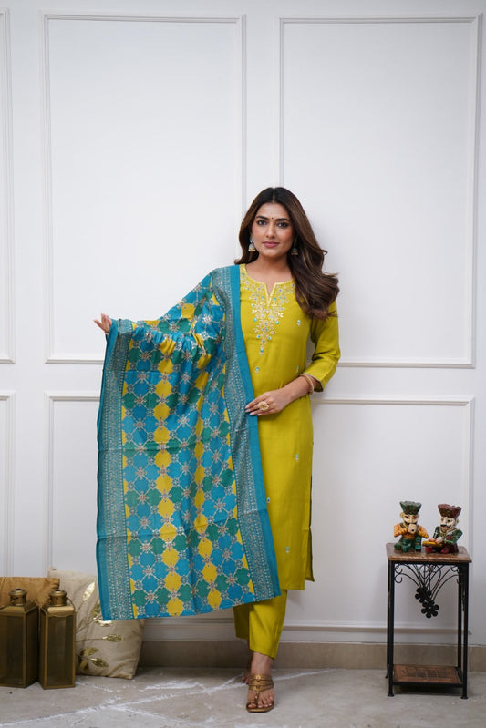 Yellow Women Embroidered Chanderi Silk Kurta Set