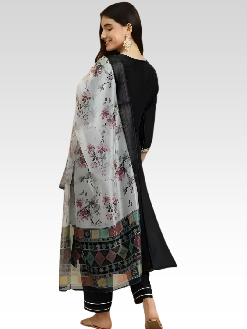 Black Color Magic Cotton Kurta Set for Women | 3 Piece Kurti Pant Dupatta Set with Chanderi Digital Print Dupatta | Ethnic Collection
