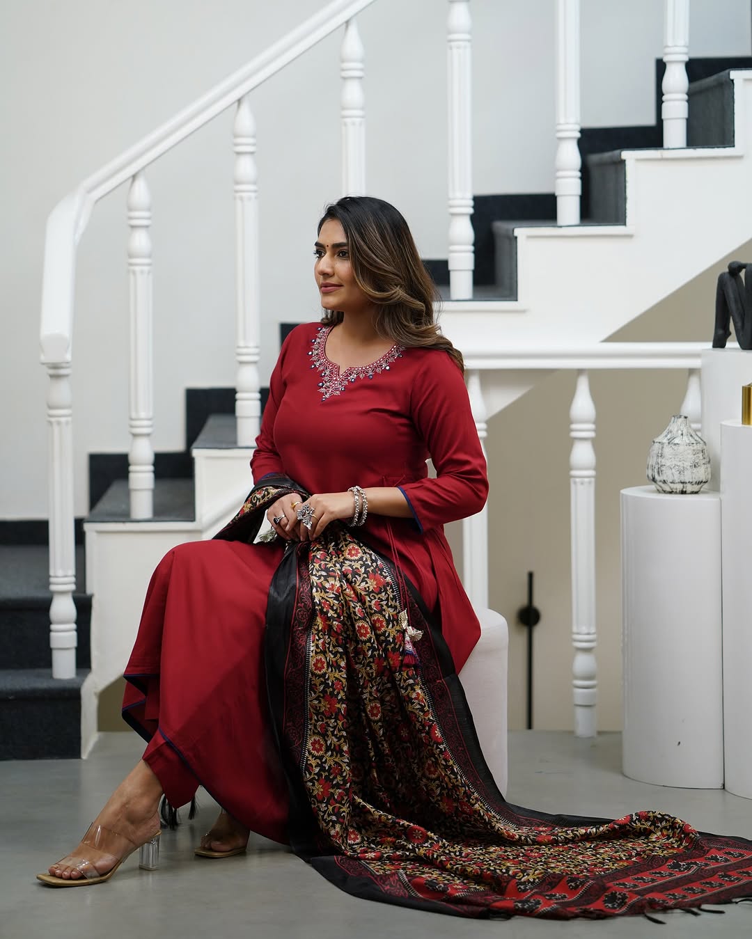 Red Viscose Rayon Embroidered A-Line Kurta with Viscose Rayon Pant And Chanderi Printed Dupatta Sets
