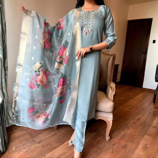 Magic Cotton Kurta Set with Detailed Embroidery and Digital Floral Chanderi Dupatta