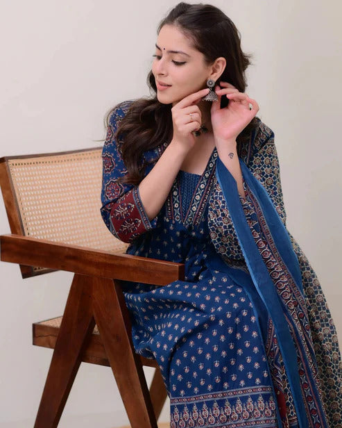 Blue Colour Ethnic Set Women Printed Anarkali Kurta and Pant with Dupatta