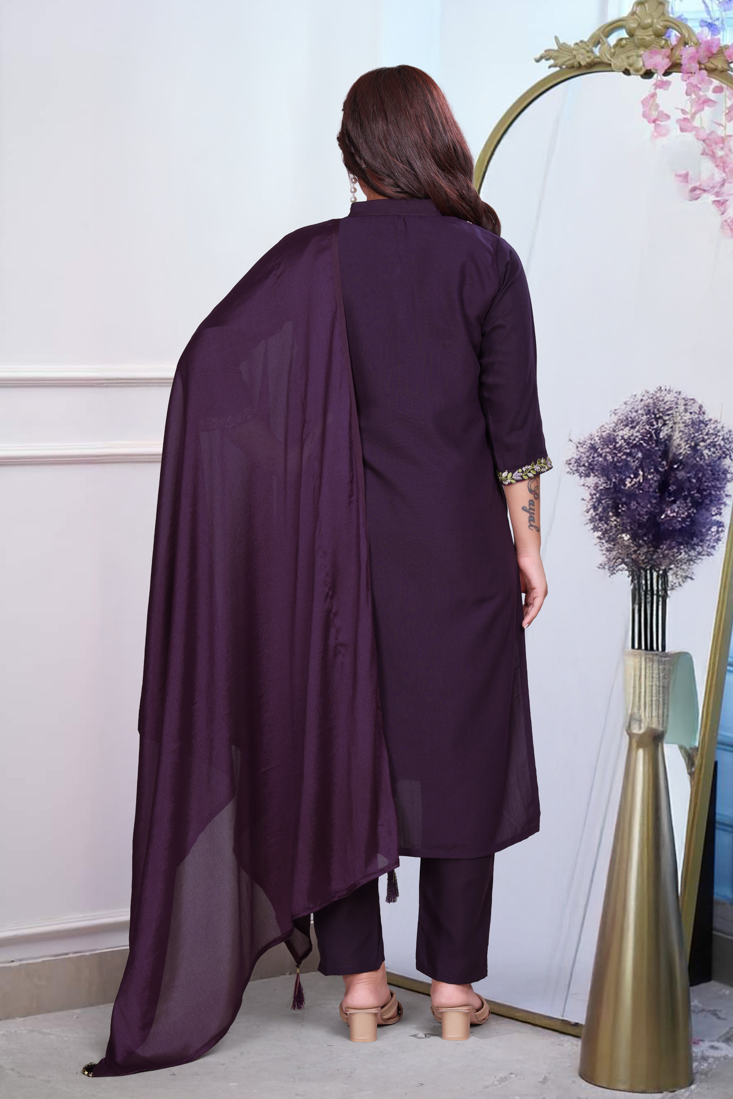 Purple Viscose With Embroidery Kurta Set