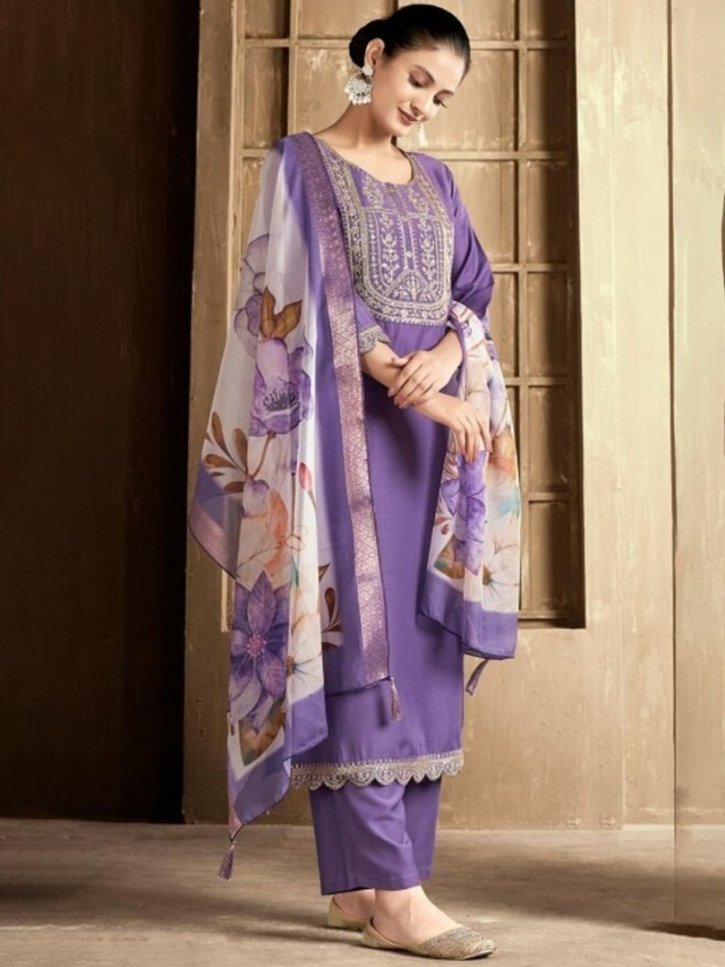 Women's Rayon Slub Kurti Pant with Chanderi Dupatta | Three-Quarter Sleeve Ethnic Kurta Pant & Dupatta Set Purple