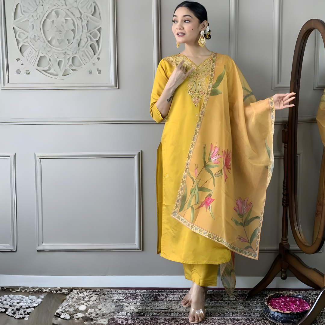 Yellow Color Women Embroidered Straight Kurta with Pant and Printed Dupatta