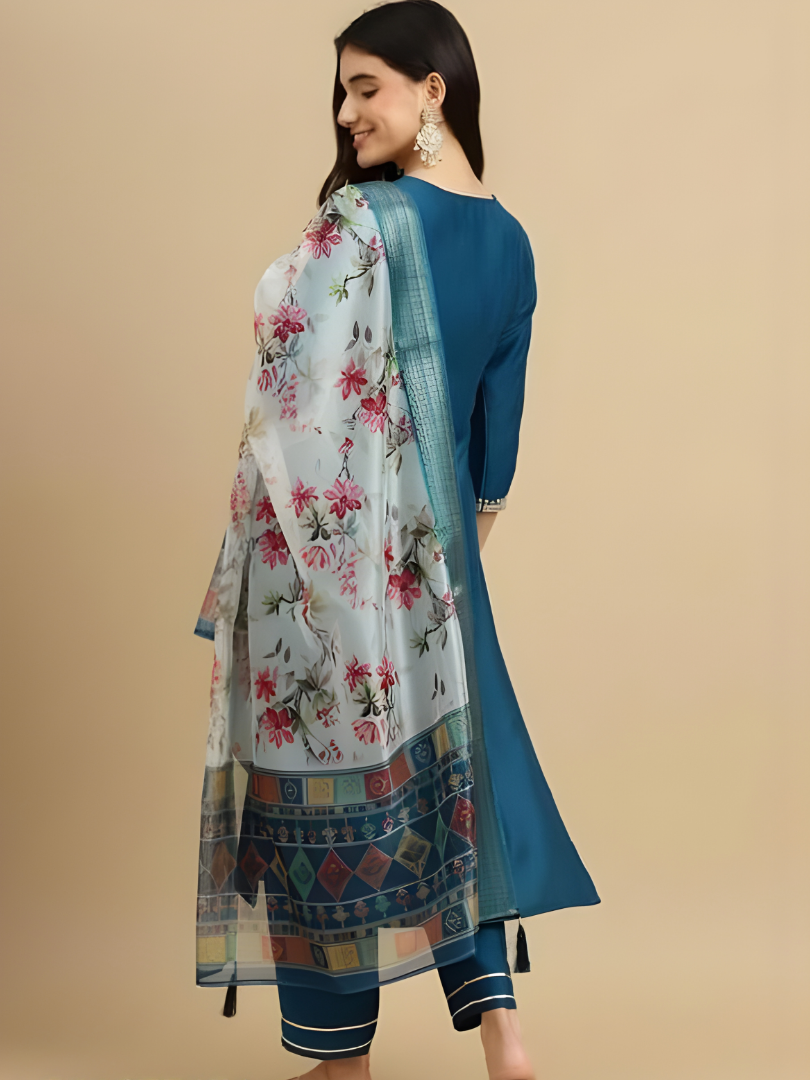 Blue Magic Cotton Chinon Neck Wok Digital Printed Dupatta Set