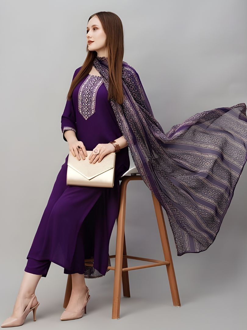 Purple Reyon Slub Regular Fit Kurta, Pant and Dupatta Set