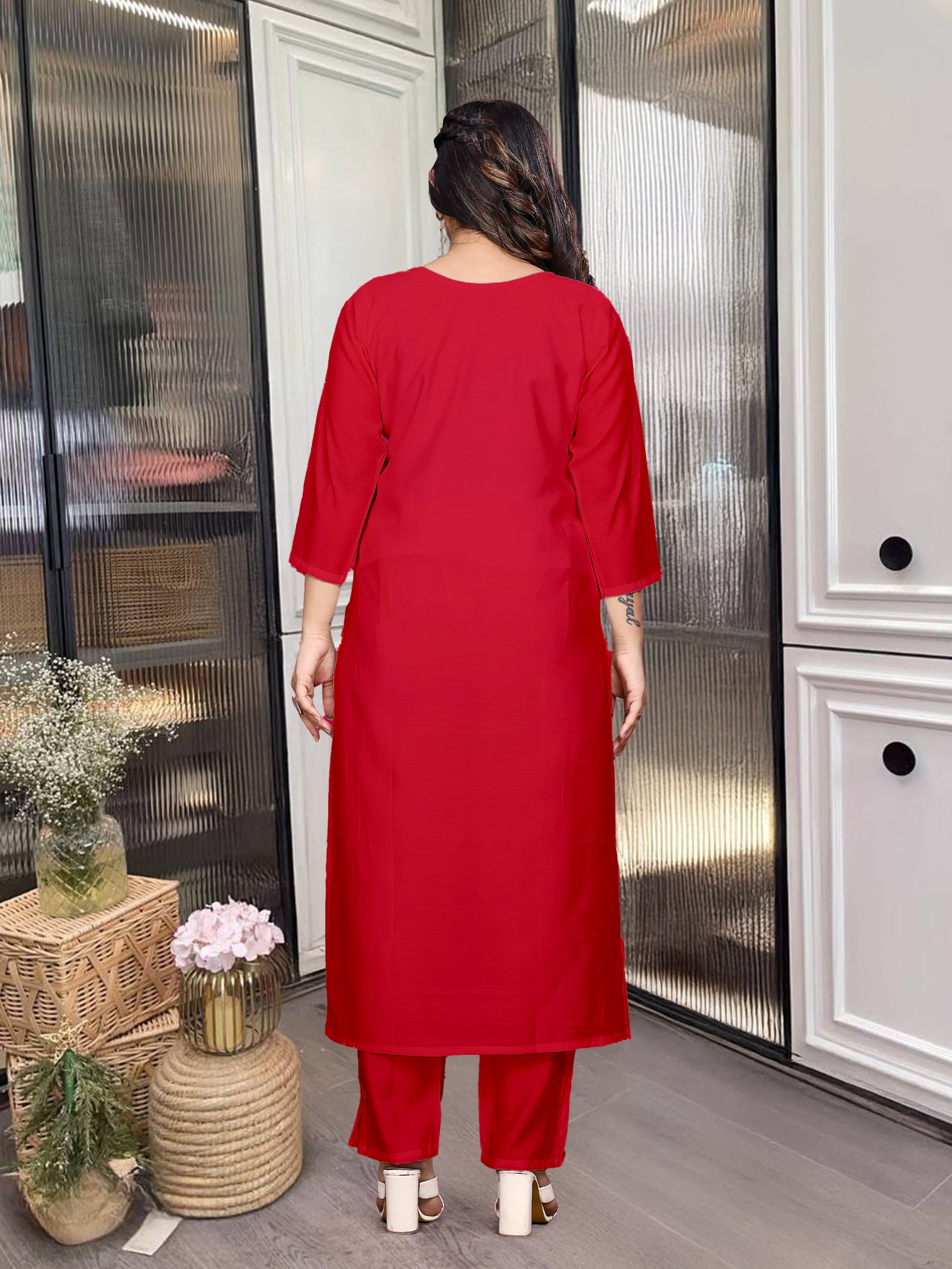 Indian Ethnic Kurta Set for Women | Red Embroidered Kurti with Pant & Organza Dupatta