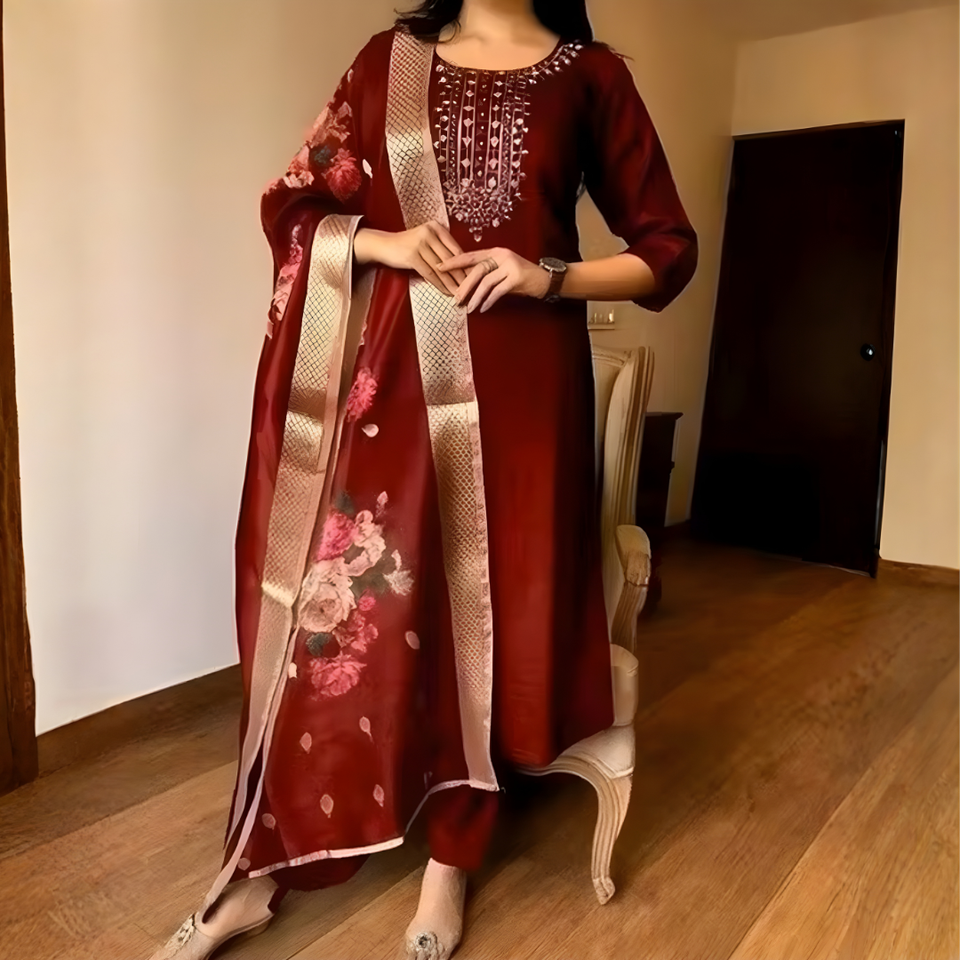Maroon Floral Embroidered Regular Thread Work Kurta with Trousers & With Dupatta