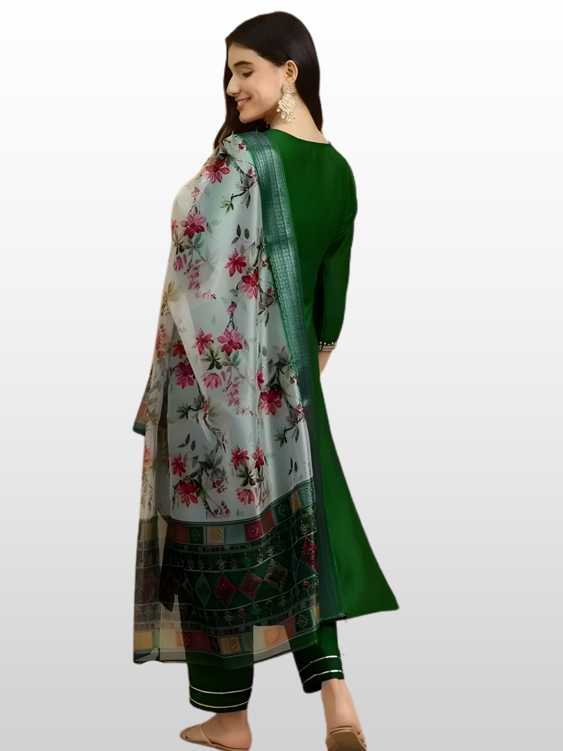 Women Green Color Magic Cotton Kurta Pant Dupatta Set | Digital Printed Straight Kurti with Chanderi Dupatta | 3 Piece Ethnic Wear Set