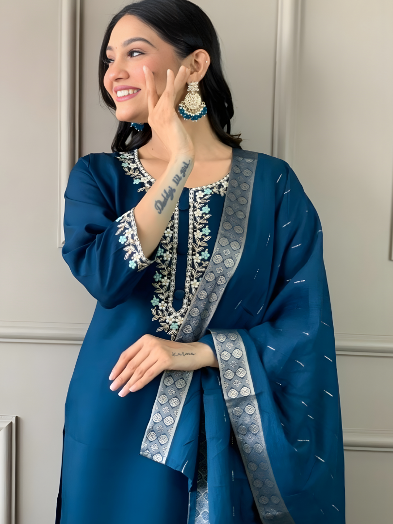 Blue Rayon Slub Kurti Pant Jacquard Border with Dupatta