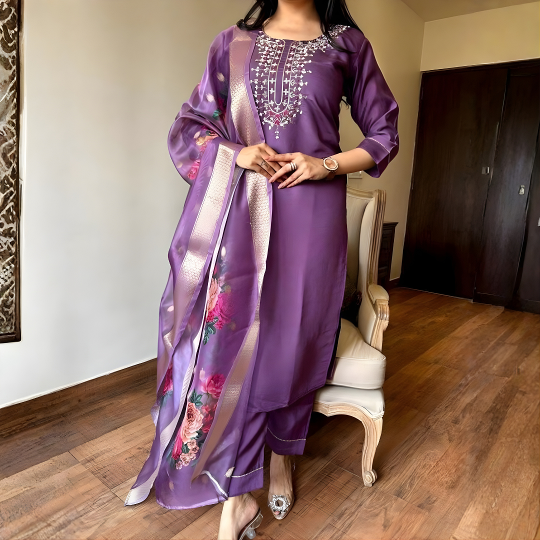Purple Rayon Slub Long Kurti with Pants & Dupatta