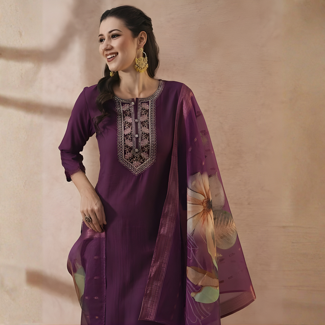 Wine Purple Magic Cotton Embroidered Kurta Set with Chanderi Dupatta