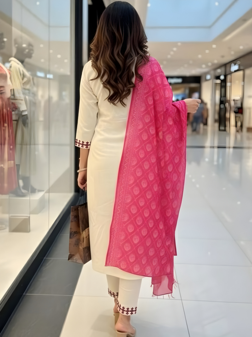 Off- White Rayon Slub Embroidered Straight Kurta Set with Dupatta