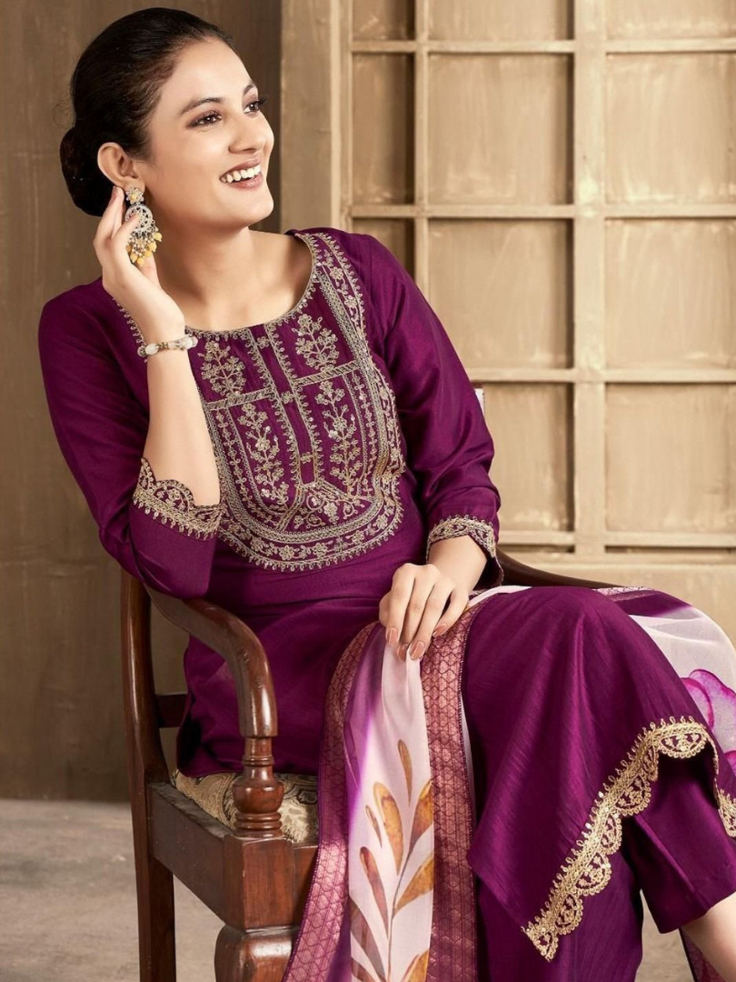 Women's Purple Color Rayon Slub Embroidered Kurta Pant With Dupatta