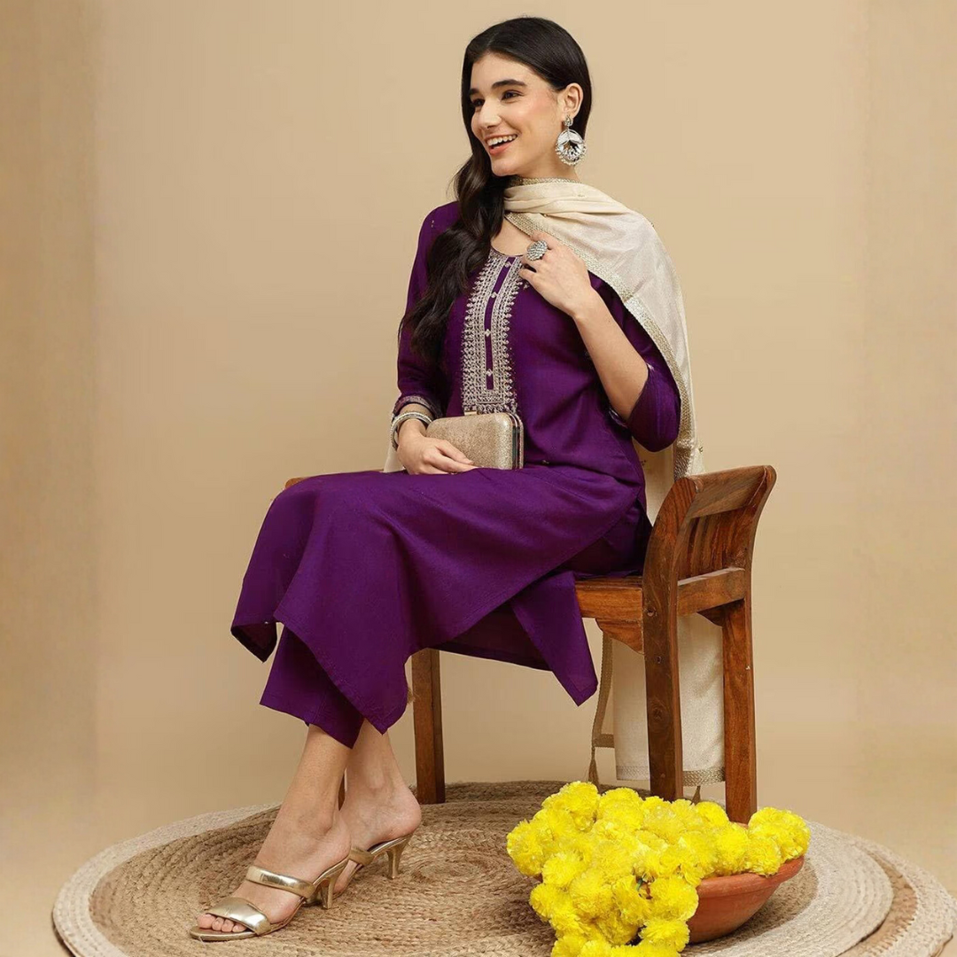 Purple Embroidered Rayon Slub Straight Kurta Pant Dupatta Set