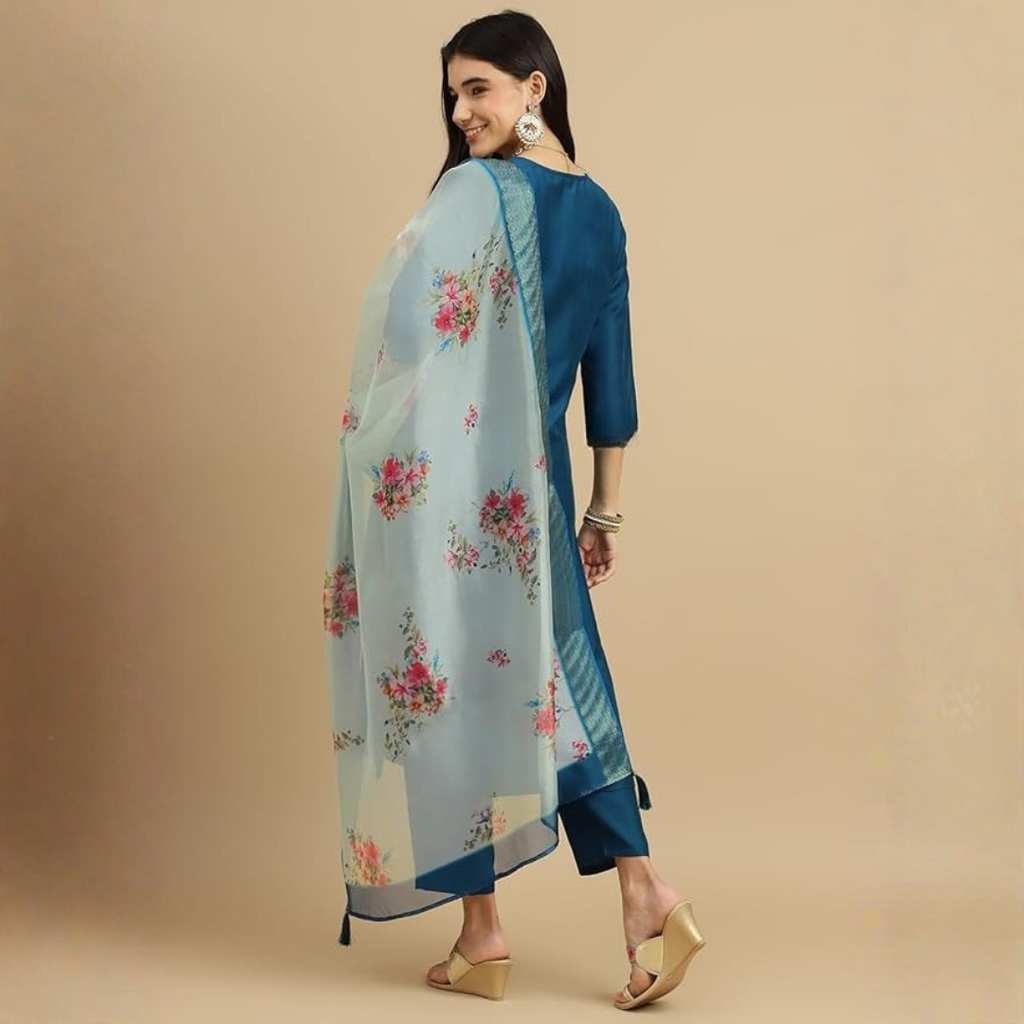 Blue Embroidered Rayon Slub Straight Kurta Pant Dupatta Set