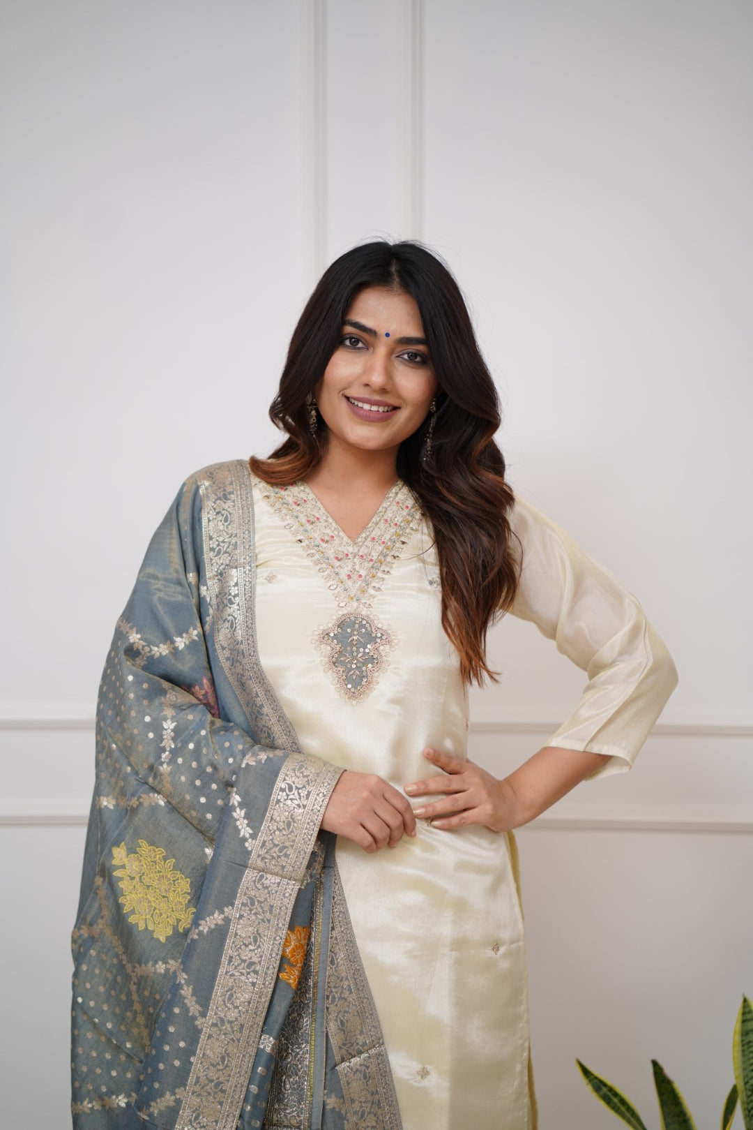 Off White Embroidered Viscose Kurta Set