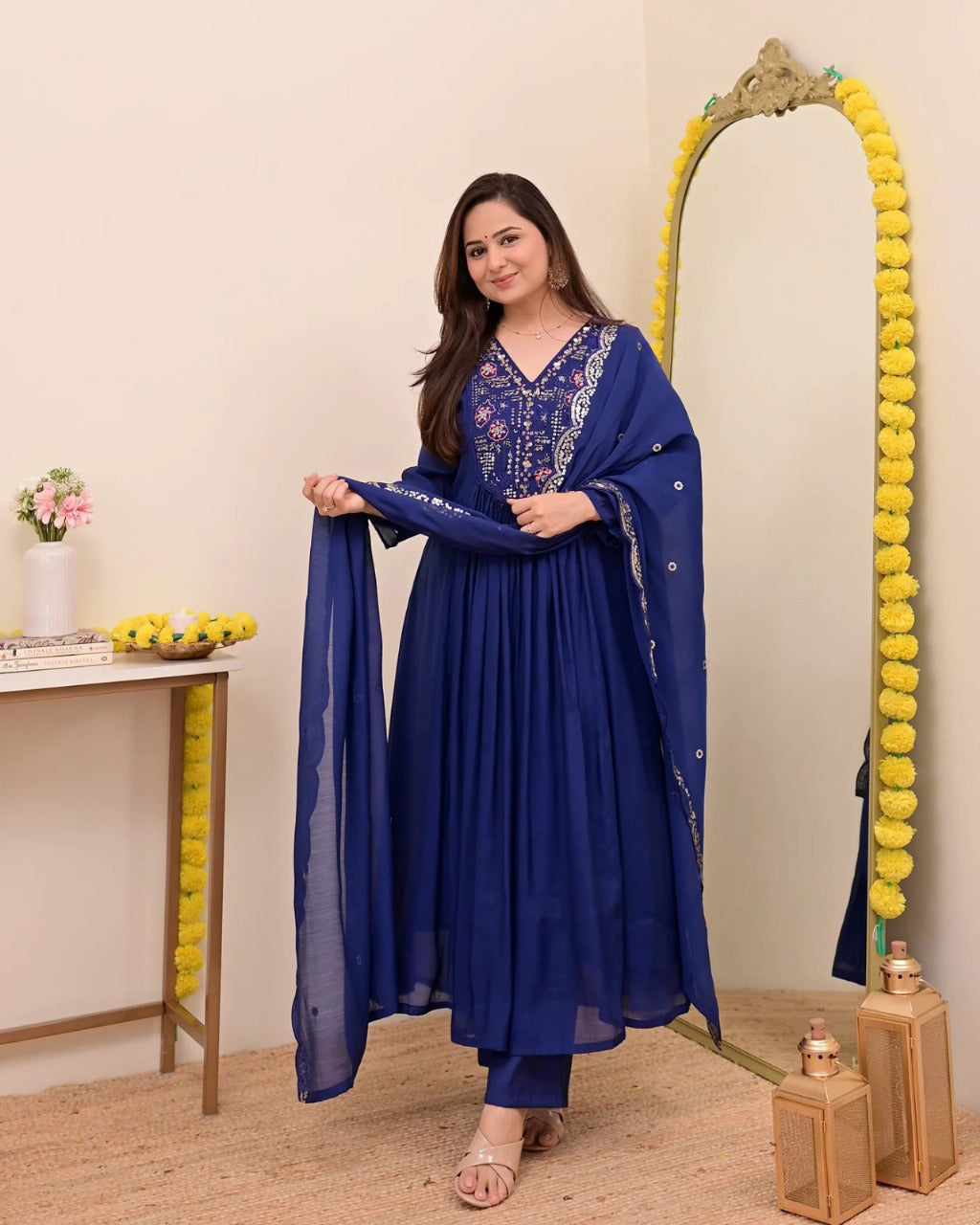 Persian Blue Noor Handwork Mul Chanderi A Line Suit