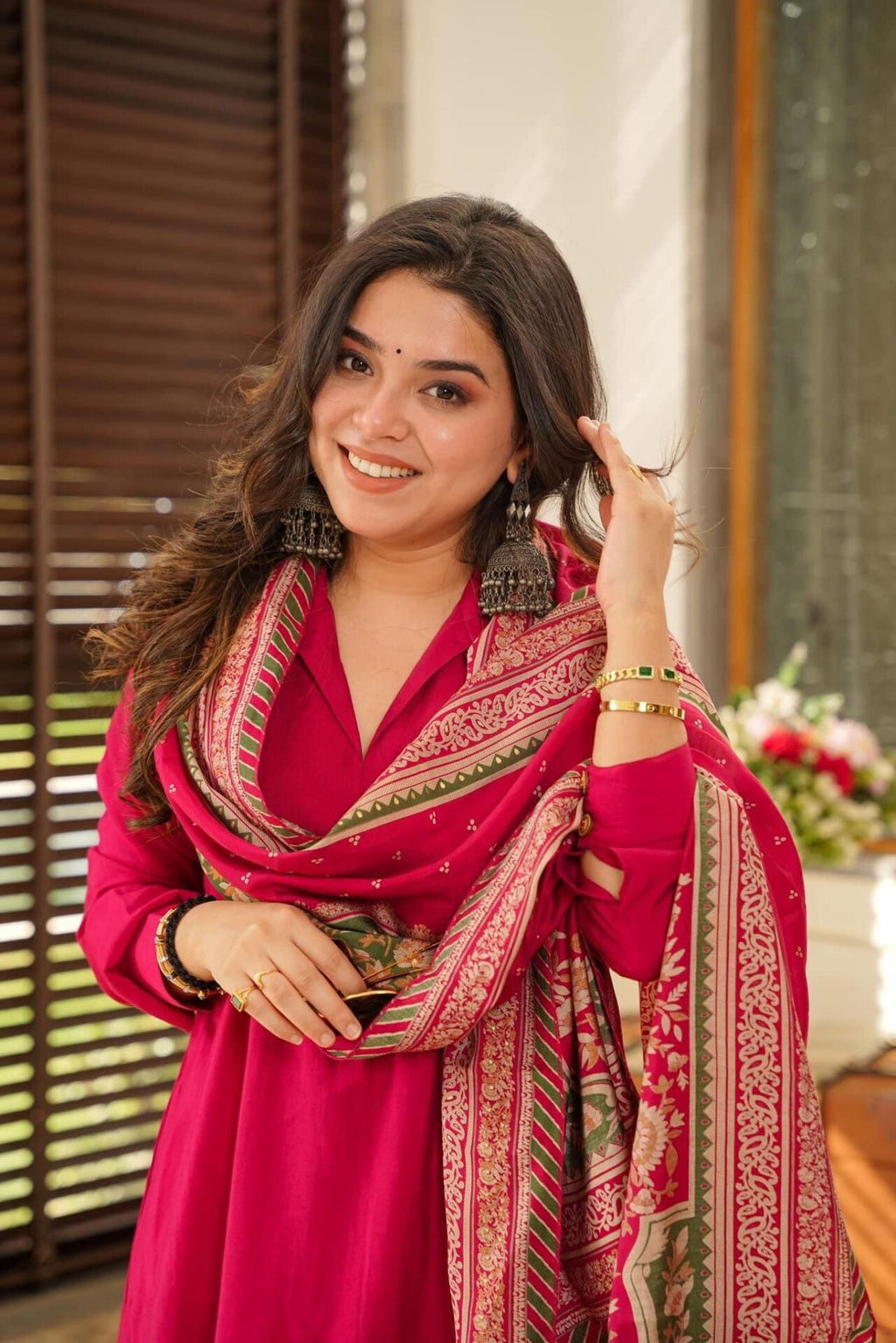 Rani Color Anarkali Kurta Set with Dupatta