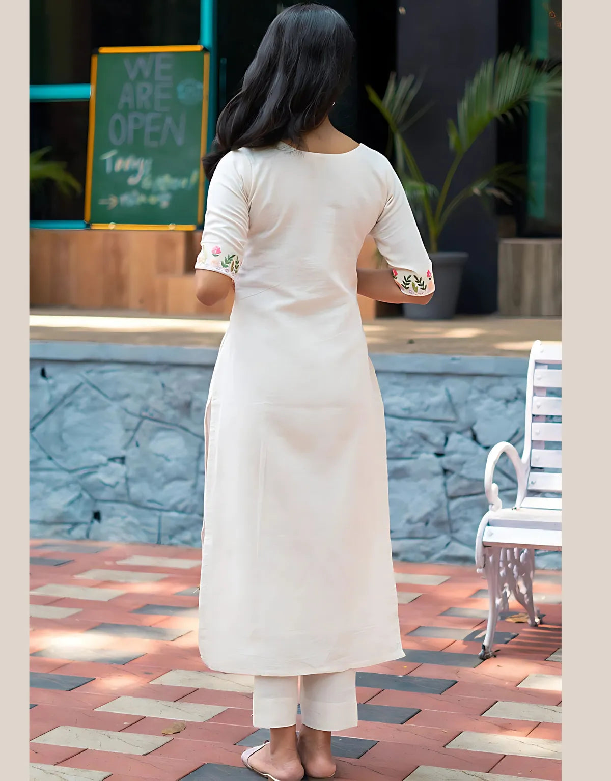 Off White Embroidered Cotton Kurta and Pant Set