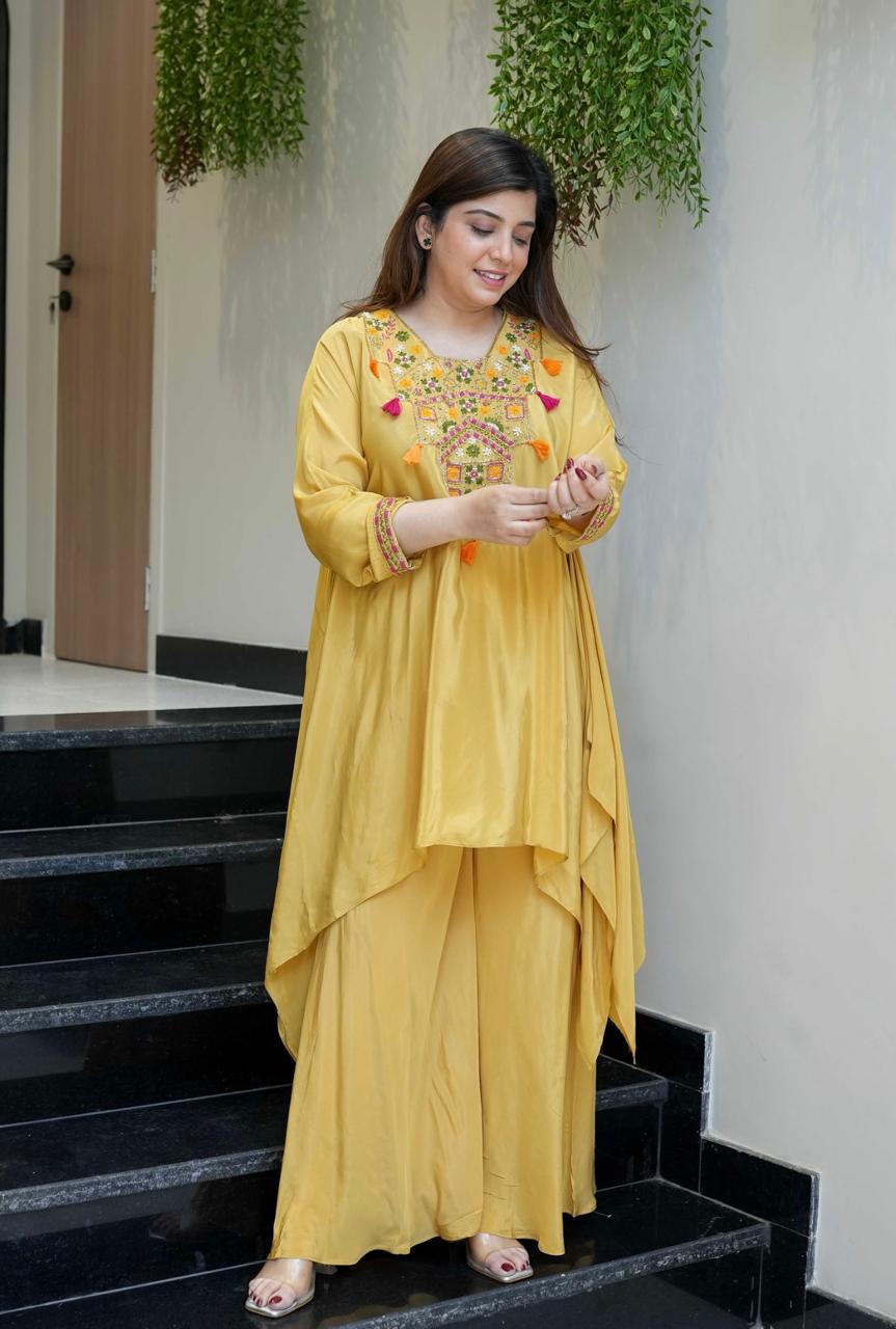 Yellow Color Designer French Crepe Embroidered Top With Bottom Collection