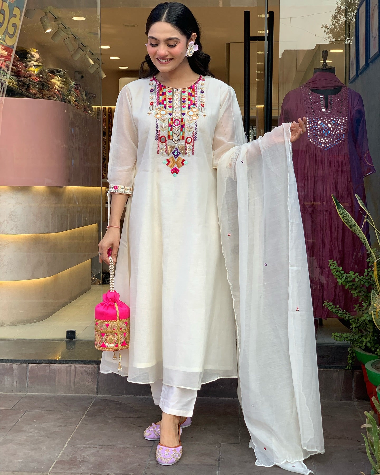White Chanderi Silk With Mirror Work Embroidery Salwar Suit