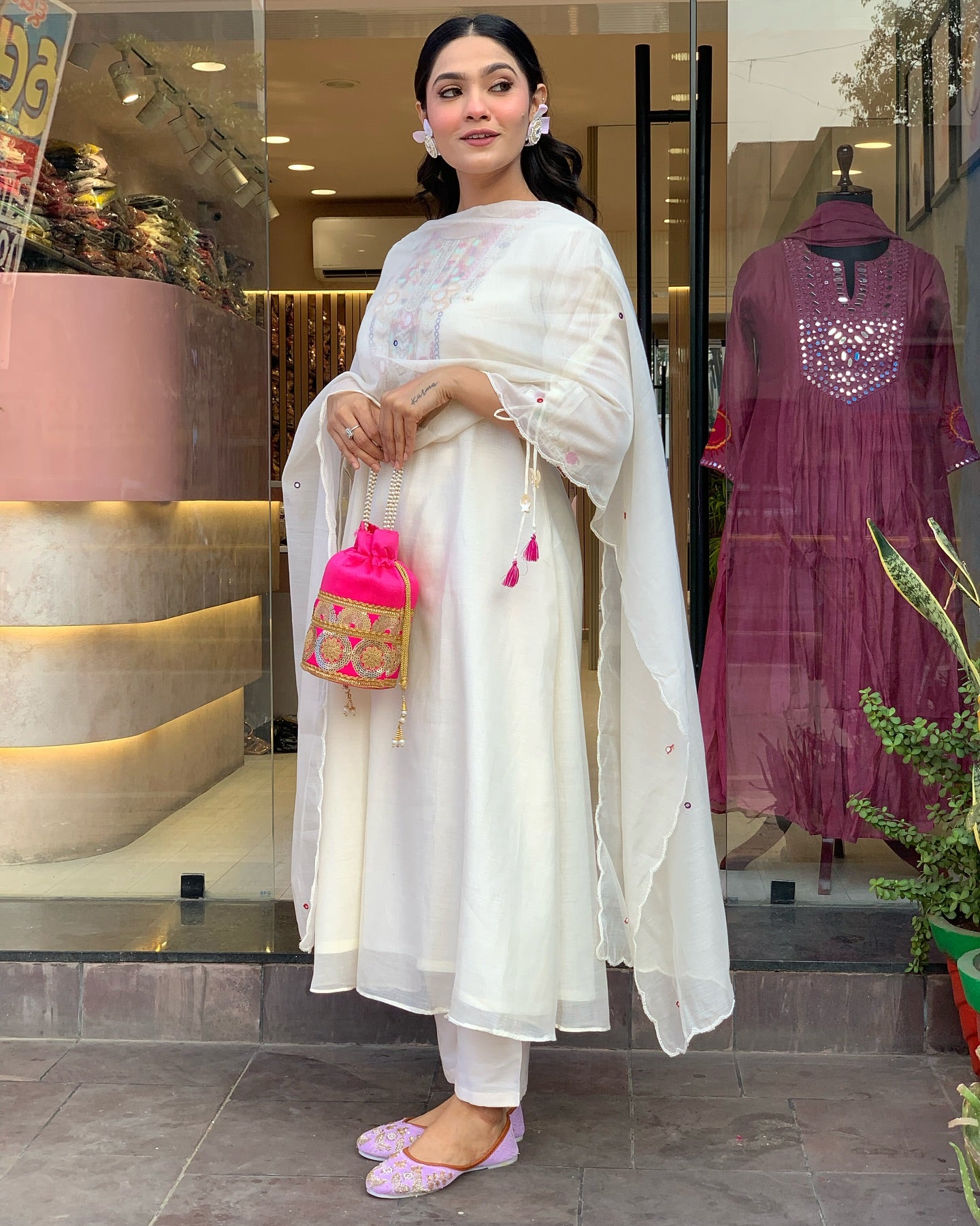White Chanderi Silk With Mirror Work Embroidery Salwar Suit
