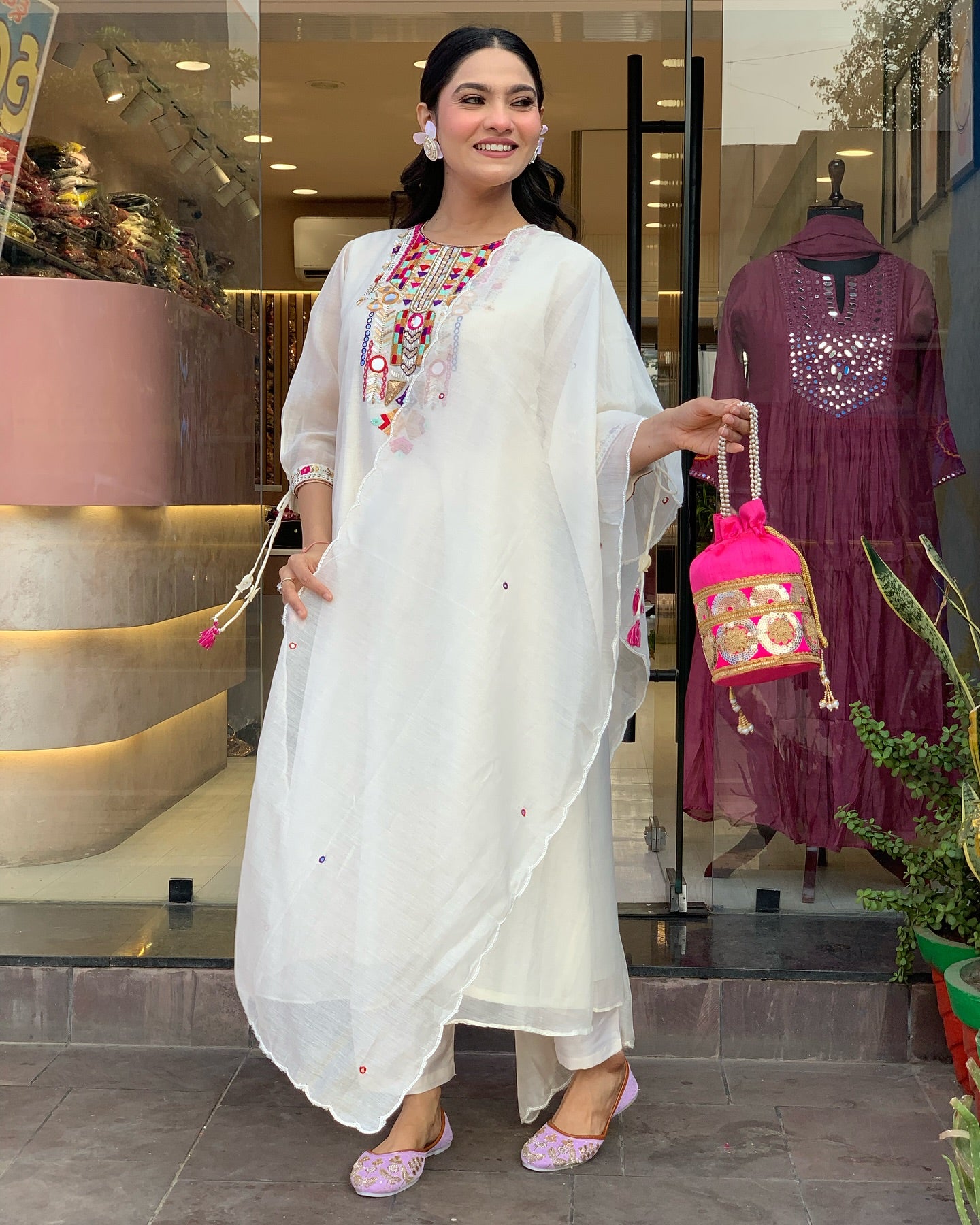 White Chanderi Silk With Mirror Work Embroidery Salwar Suit