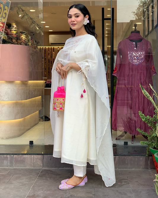 White Chanderi Silk With Mirror Work Embroidery Salwar Suit
