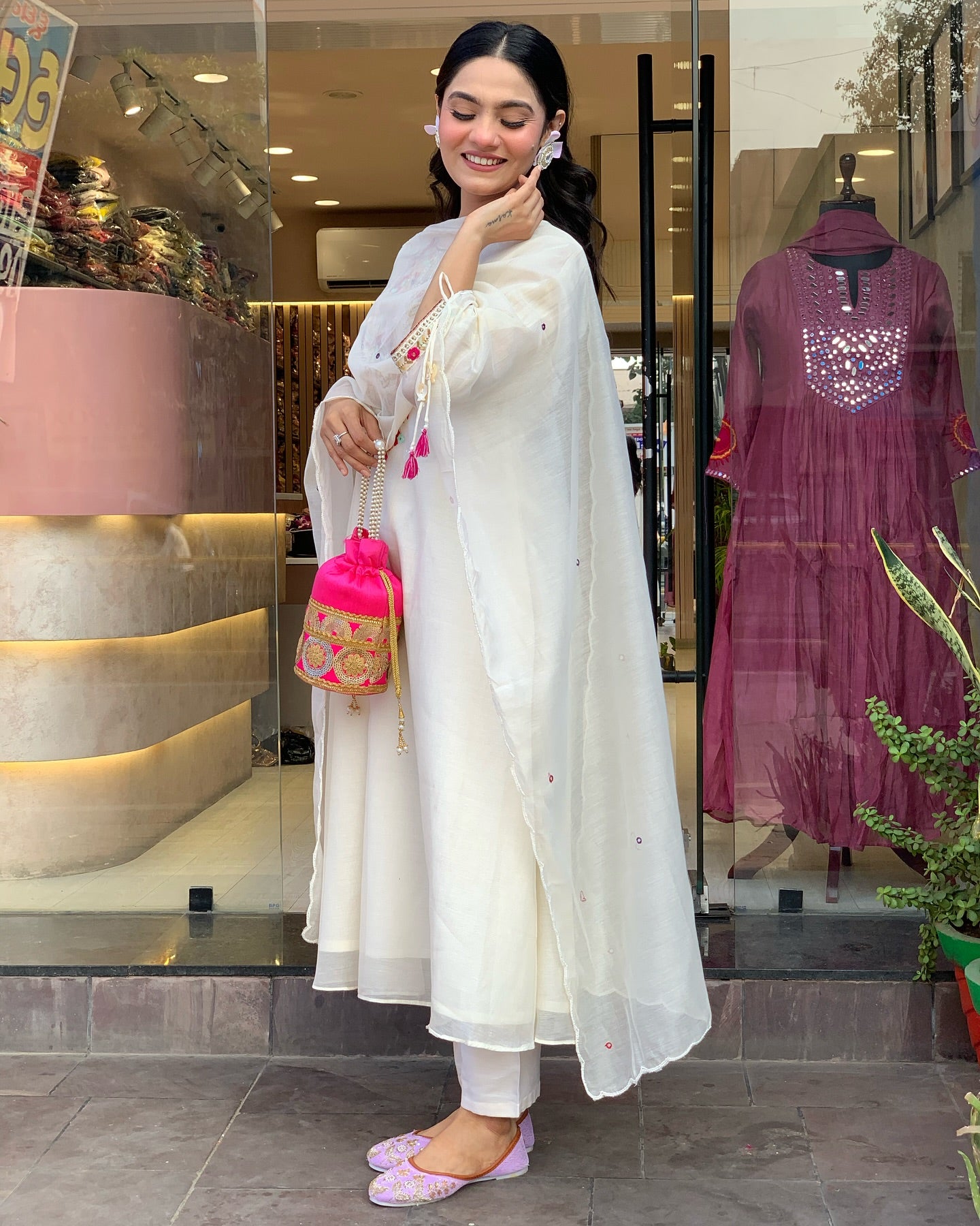 White Chanderi Silk With Mirror Work Embroidery Salwar Suit