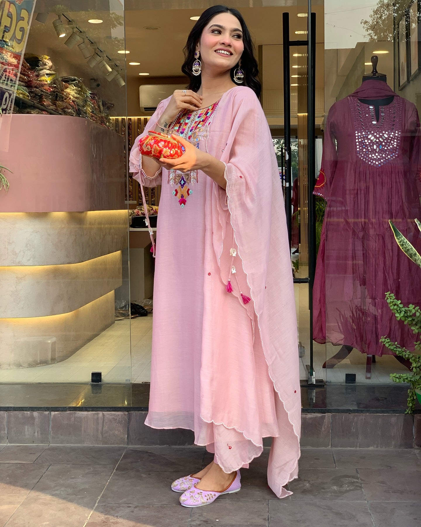 Peach Chanderi Silk With Mirror Work Embroidery Salwar Suit